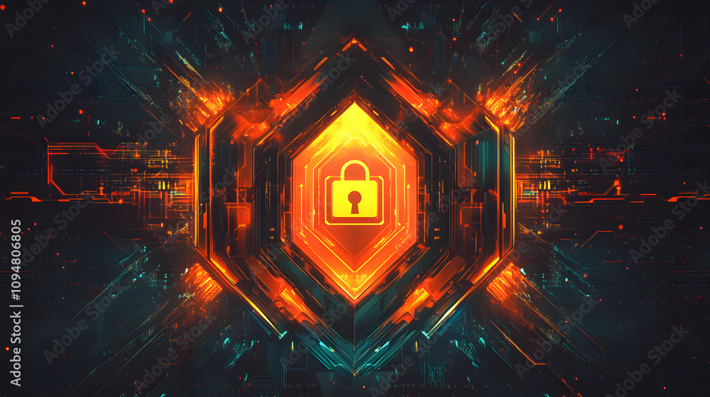 Canvas Prints digital illustration of cybersecurity and data centre protection. shield icon with a padlock symbol 