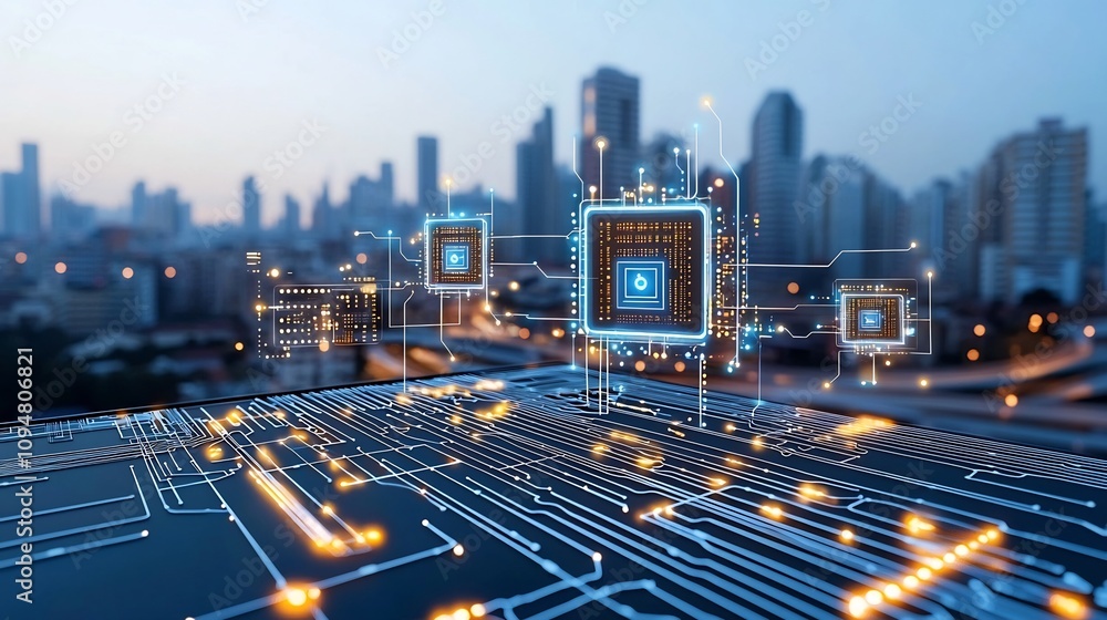 Poster Conceptual design of a futuristic smart city with a glowing circuit like architecture showcasing the of advanced technology digital infrastructure