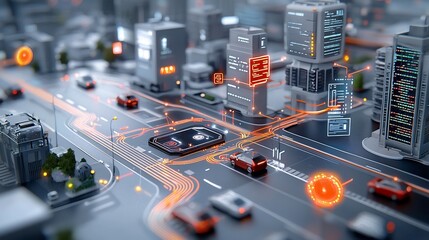 Conceptual of a glowing futuristic smart city design emphasizing advanced technological elements like luminous circuit lights distributed digital nodes and high tech architectural structures