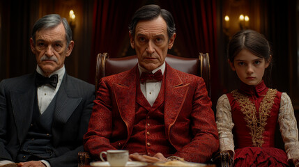 Obraz premium Three individuals in formal attire sit in a vintage, luxurious setting, their serious expressions adding to the tense atmosphere