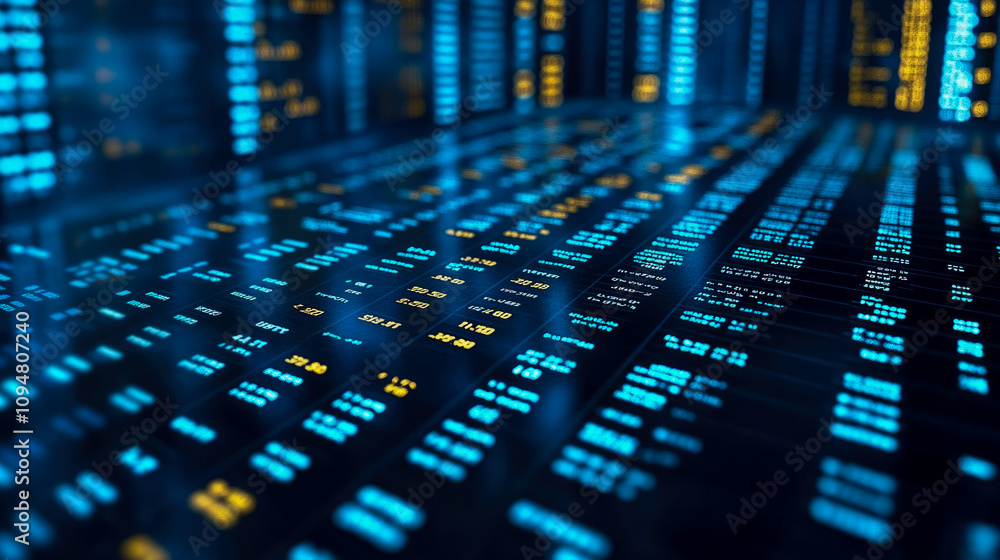 Poster vivid blue and yellow data streams visually represent information flowing through a digital landscap