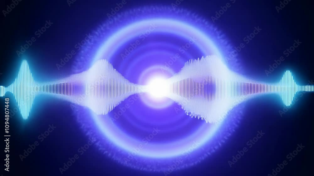 Poster camera rotates around a central point as a wave of sound visualizes as an explosion of concentric ci