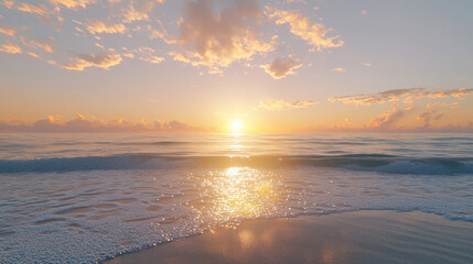 Golden Hour Beach Sunrise: A breathtaking seascape unfolds as the sun rises over the horizon, painting the sky with vibrant hues of pink and orange. Gentle waves lap against the shore.