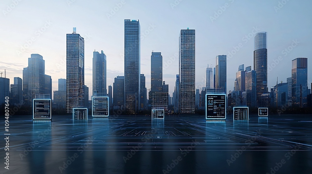 Poster digitalized futuristic cityscape featuring eco friendly skyscrapers adorned by circuit inspired ligh