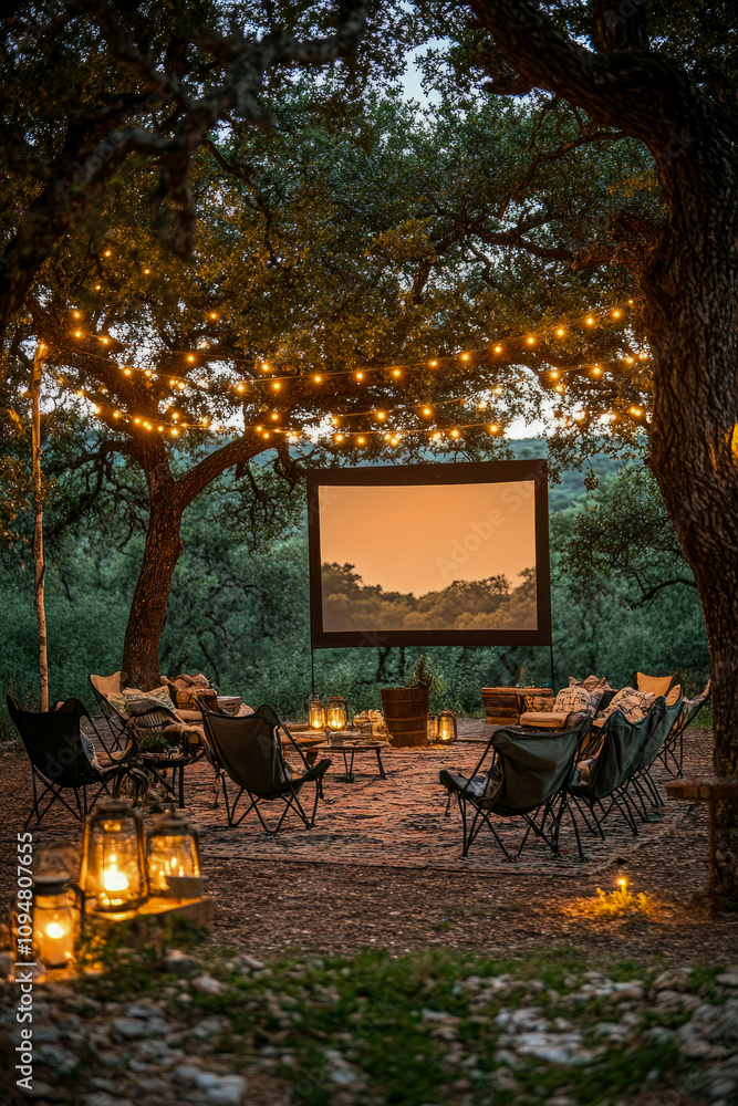Poster cozy seating arranged around a large screen displays a scenic view, illuminated by warm string light