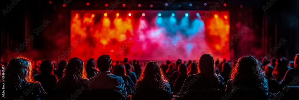 Poster audience members are captivated by a lively event filled with dynamic lighting and an engaging atmos
