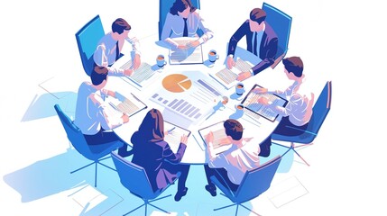 Business Team Analyzing Data: Cartoon-Style Illustration of Professionals Collaborating Around a Table with Tablets, Documents, and Coffee Cups in a High-Quality, Top-Down View