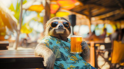 Cool happy sloth holding pint of beer at beach bar on vacation time .
