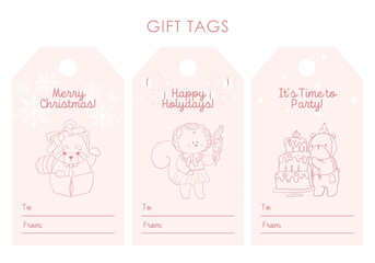 Animal doodle gift tags. Isolated badges with cute kawaii, celebrate holiday party.