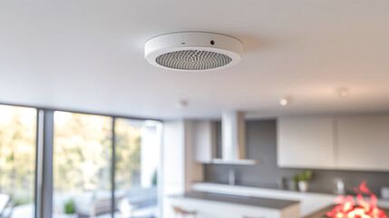 Smoke detector on ceiling in modern house .