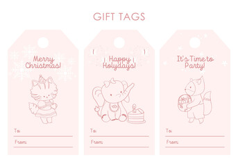 Obraz premium Animal doodle gift tags. Isolated badges with cute kawaii, celebrate holiday party.
