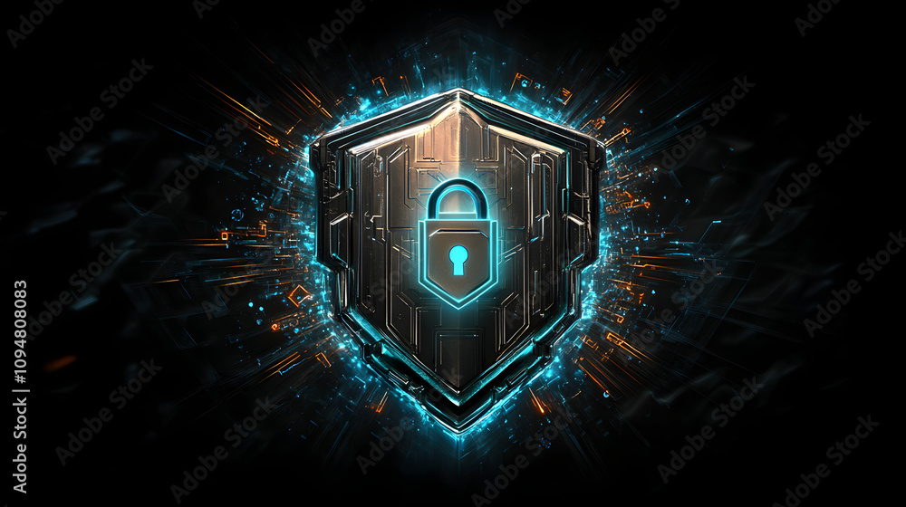 Poster digital illustration of cybersecurity and data centre protection. shield icon with a padlock symbol 
