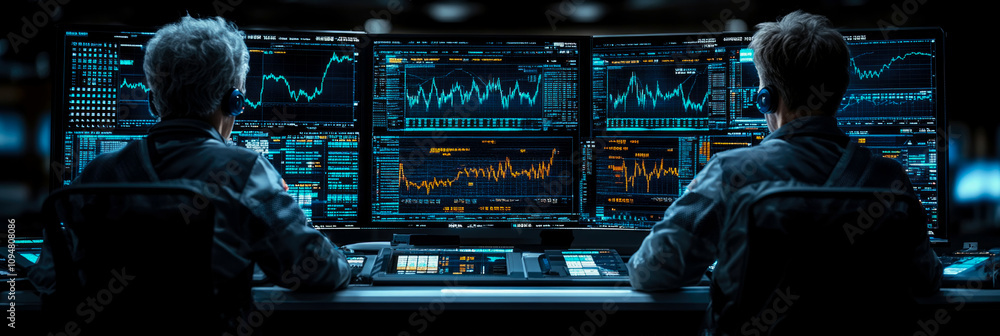 Aufkleber two analysts monitor financial trends in a high-tech trading room, focused on various market graphs 