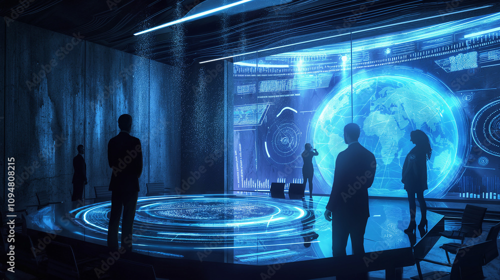 Poster a virtual boardroom with executives viewing holographic charts of cybersecurity analytics, managed b