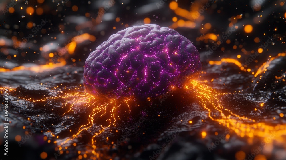 Poster purple brain with orange glowing connections, representing memory enhancement and brain science