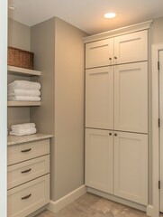 Modern Laundry Room with Custom Built-in Cabinets and Granite Countertop.