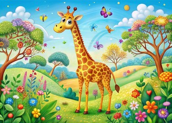 Fototapeta premium Aerial View of a Cartoon Giraffe in a Colorful Landscape Surrounded by Trees and Playful Animals, Perfect for Children's Illustrations and Educational Materials