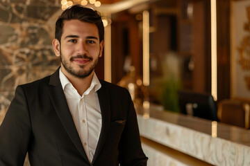 Fototapeta premium Generative AI Image of Professional Hotel Receptionist in Lobby