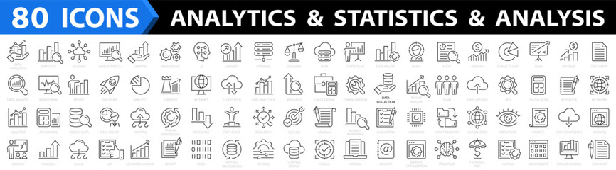 Fototapeta premium Data analytics BIG icon set. Statistics 80 icon set. Analysis, infographic, analytics, server, monitoring, website, digital analytics, data processing and more. Vector illustration