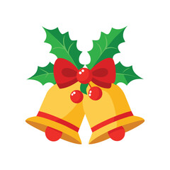 Golden Christmas Bells Vector - Festive Decoration with Holly Leaves, Red Berries, and Bow for Elegant Holiday Art