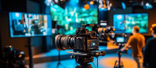 A Close-Up of a Video Camera Filming a Scene with a Blurry Background of People in a Studio Setting