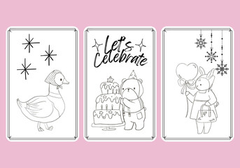 Animal doodle gift tags. Isolated badges with cute kawaii, celebrate holiday party.