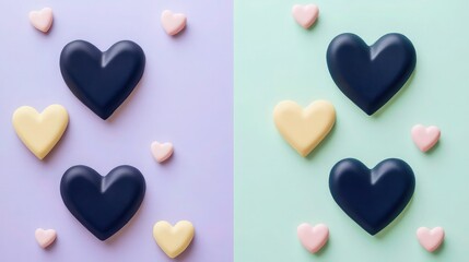Fototapeta premium Decorative blue and cream heart candies are scattered across a divided pastel background, offering ample copy space for marketing.