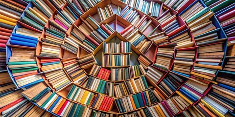 Aerial View of a Colorful Stack of Books in a Library Representing Knowledge and Learning, Emphasizing the Importance of Reading and Education for Personal Growth
