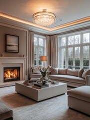 Luxurious Living Room With Fireplace And Crystal Chandelier