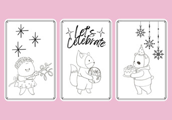 Animal doodle gift tags. Isolated badges with cute kawaii, celebrate holiday party.