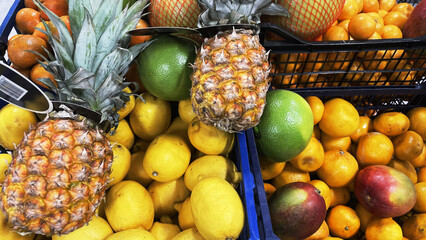 A colorful collection of tropical fruits fills a market basket, pineapples, coconuts, pomegranates and various citrus fruits