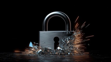 Security and privacy attack concept, A padlock shatters with sparks flying, symbolizing security breach or destruction in a dramatic, dark setting.