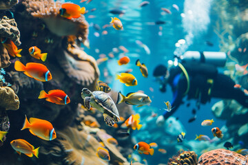 Naklejka premium Professional skilled diver exploring underwater bio diversity sea ocean, Generative AI
