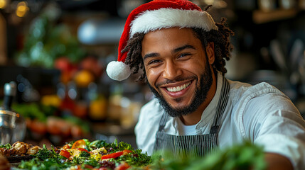 A joyful chef wearing a holiday hat smiles while showcasing a vibrant array of fresh vegetables and dishes in a warm kitchen atmosphere