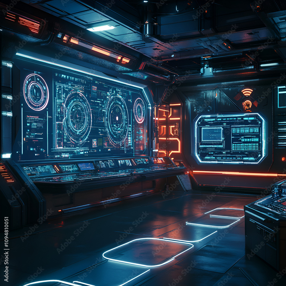 Poster futuristic control room interface sci-fi setting digital technology hub modern environment immersive