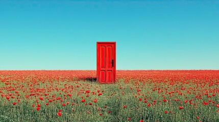 Under a clear blue sky, a bright red door stands lonesomely in the center of a field of poppies, signifying the idea of opening to nature.