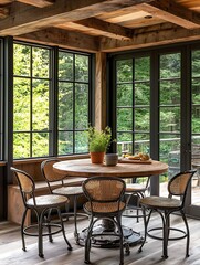 Fototapeta premium Rustic Farmhouse Dining Area with Exposed Wooden Beams and Large Windows Overlooking Lush Greenery.