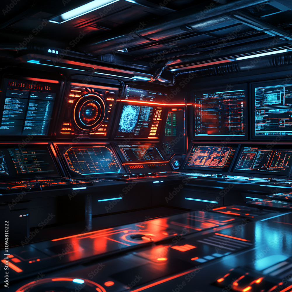 Poster futuristic control room with advanced technology sci-fi setting digital displays high-tech environme