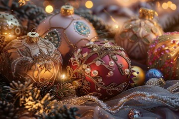 Colorful Christmas handmade ornaments and balls arranged on soft fabric with twinkling lights of garlands for a festive holiday Christmas atmosphere. Christmas and New Year greetings. With copy space