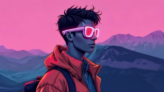 An Animation of a Retro Modern Portrait of a Travel Enthusiast Boy in Mountain Area