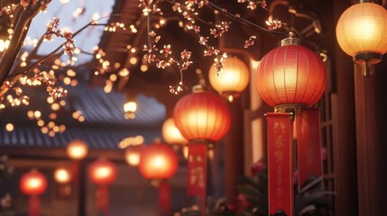 Obraz premium Traditional courtyard adorned with red lanterns and festive decorations for Lunar New Year