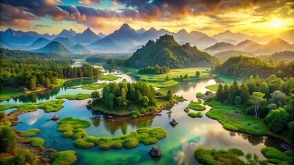 Naklejka premium Aerial View of a Fantasy Swamp Landscape with Lush Greenery and Majestic Mountains in the Background, Capturing the Essence of Enchantment and Adventure in Nature