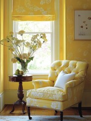 Yellow Floral Upholstered Chair By Window With Flowers