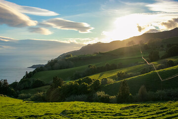 Obraz premium Sunset over the fields in Azores, Portugal