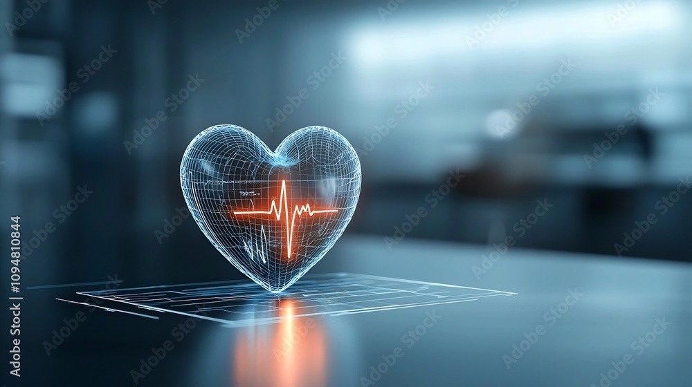 Poster Pulsating Glowing Heart Shape with Vibrant Electrocardiogram Line Floating on Dark Minimalistic Background Symbolizing Health and Vitality