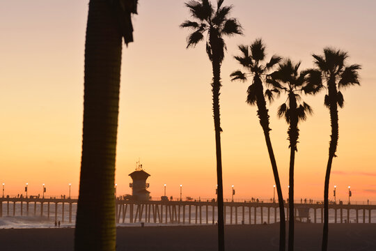 Huntington beach pier at sunset with red sky and palm trees, California