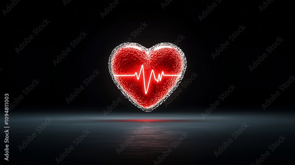 Aufkleber Glowing luminous heart emitting a soft pulsating radiance against a deep black background with a dynamic ECG line rhythmically beating to evoke the energy and essence of life