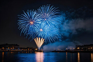 fireworks are seen above the water and the city skyline