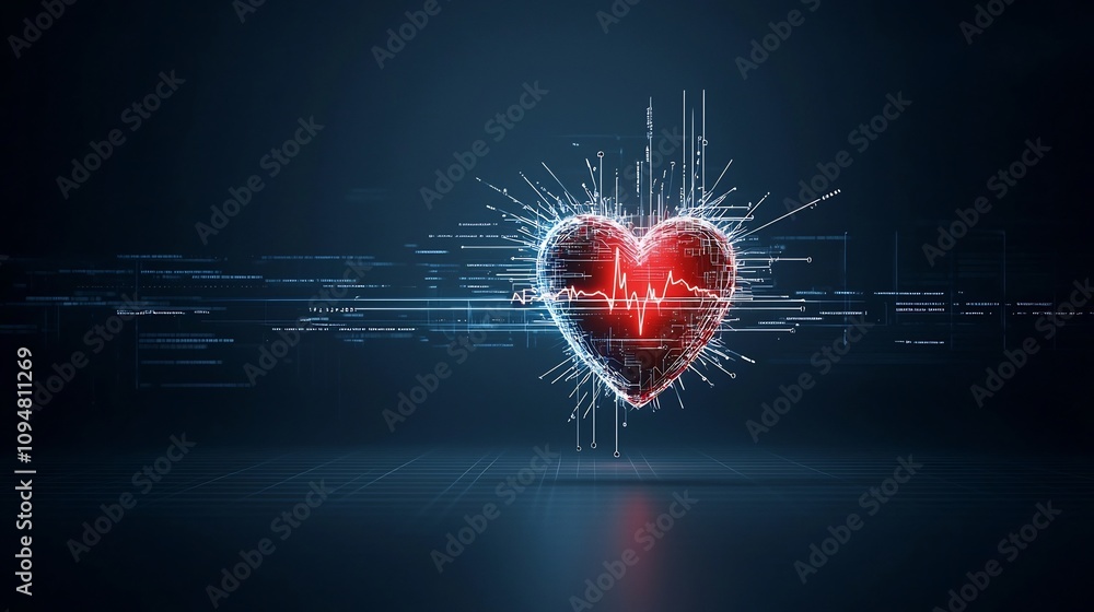 Poster Glowing Heart Design with Vivid Electrocardiogram Line Integrated into the Shape Set Against a High Contrast Dark Background Representing Vitality and Strength