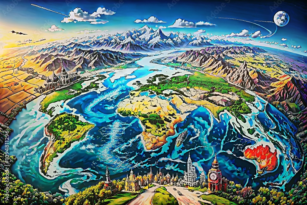 Poster aerial view of a global time zone map highlighting different regions and their corresponding time zo
